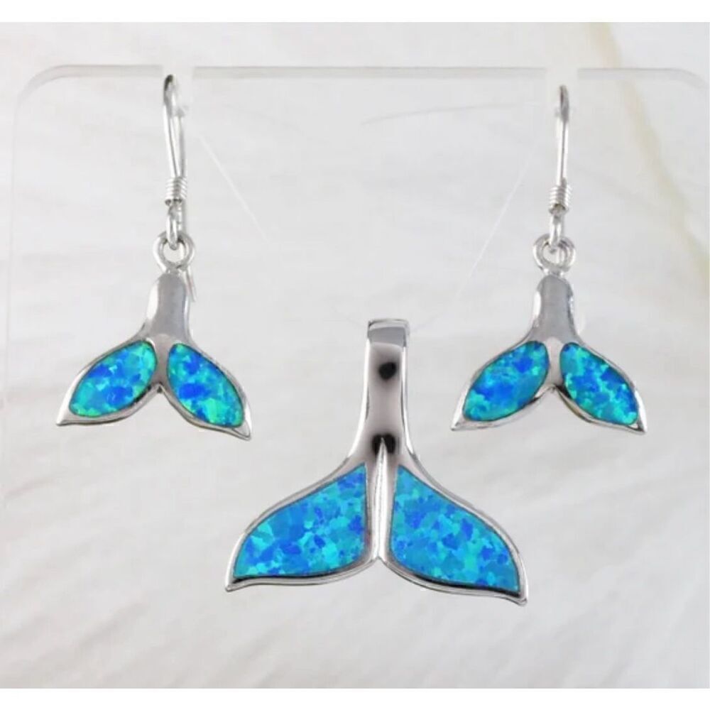 Blue fire opal whale tail 18” necklace and dangle earrings in 925 silver